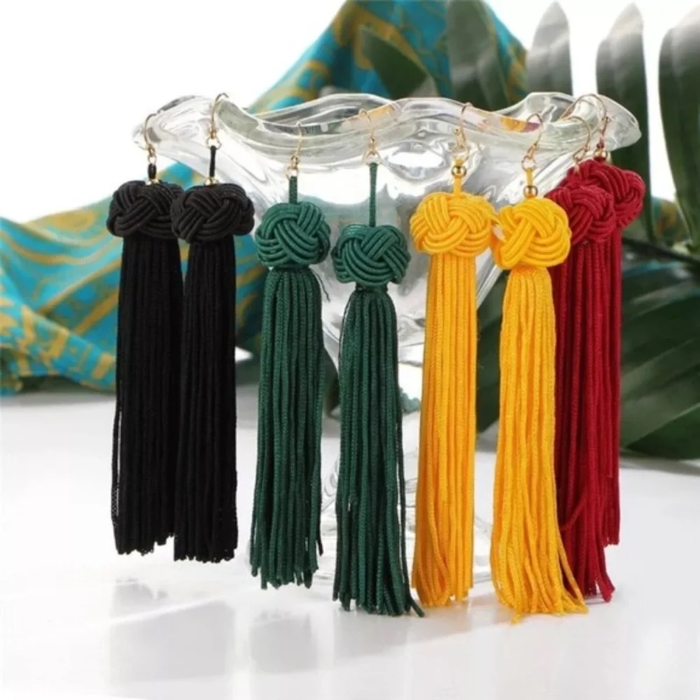 ✨BLACK✨”THE PERFECT KNOT”  TASSEL EARRINGS-DROP‎ - Picture 2 of 4